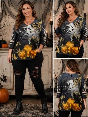One World Halloween Black Cat Haunted Castle Pumpkin Graphic Embellished Size XL